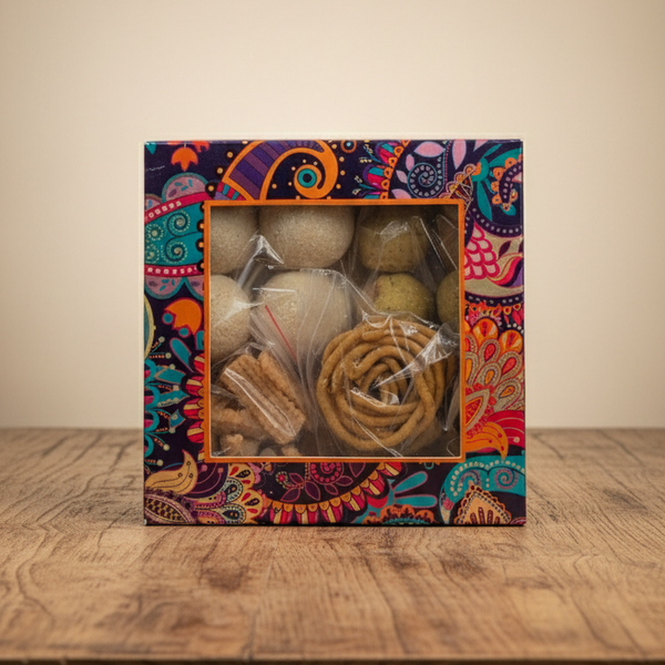 Decorative box with colorful packaging on a wooden surface