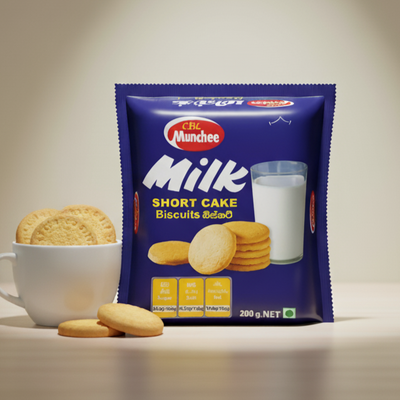 Ambeet Milk Short Cake Biscuits packaging with cookies and a cup of milk on a neutral background