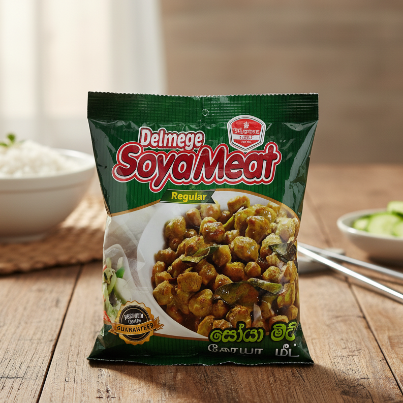 Packaged Delmege Soya Meat on a wooden table with bowls of rice and vegetables in the background.