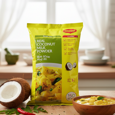 Bag of Real Coconut Milk Powder with a bowl of food on a wooden table.