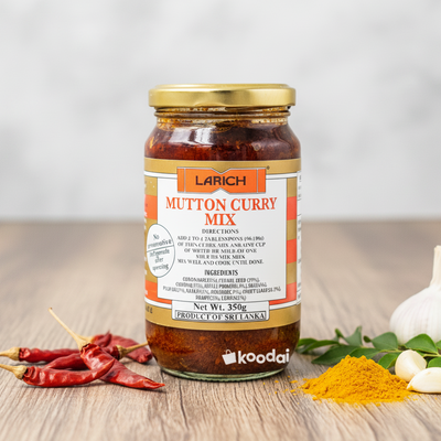 Larich Mutton Curry Mix from Sri Lanka, displayed with fresh ingredients like garlic, chilies, and turmeric for an authentic curry.