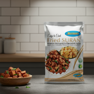 Package of fried suran with a bowl of fried food, Mathangi - Easy to Cook Fried Suran 1kg