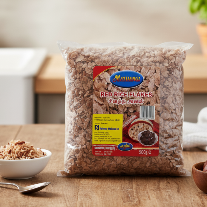 Bag of Methange Red Rice Flakes 500g  on a wooden table with a bowl of rice flakes .