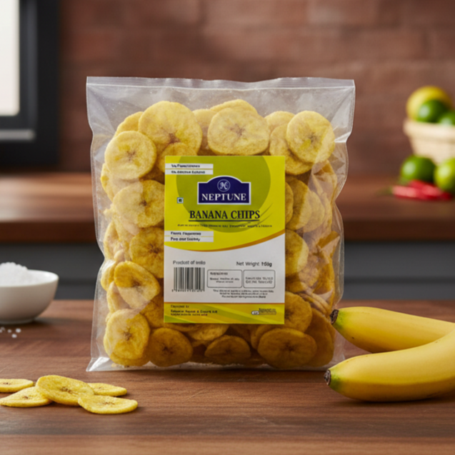 Packaged banana chips with a visible brand label on a wooden surface, surrounded by fresh bananas.