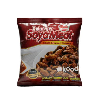 Packaged Delimege Soya Meat with roast chicken flavor on a white background