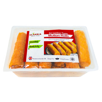 Elakkia Frozen Mutton Rolls packaging with uncooked Sri Lankan savoury snacks.